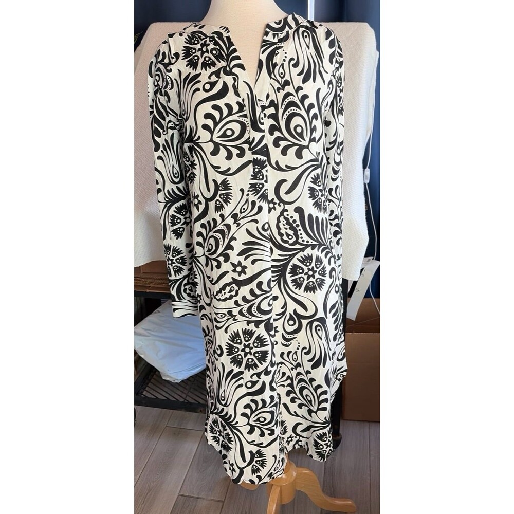 Alex & Lili Tunic Dress Small Black White Paisley Split Neck Boho Shift